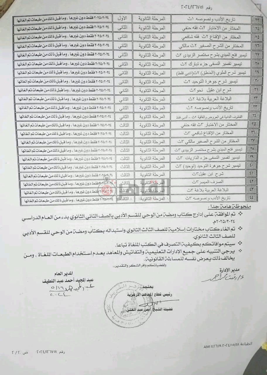 بيان هام من المعاهد الأزهرية بشأن تعديل بعض الكتب الشرعية والعربية للمرحلتين الإعدادية والثانوية 