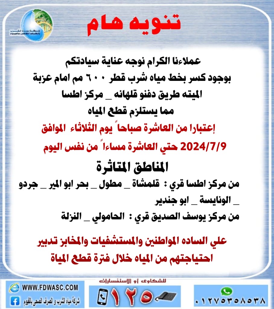 انقطاع المياه 12 ساعة عن بعض المناطق بالفيوم غدا