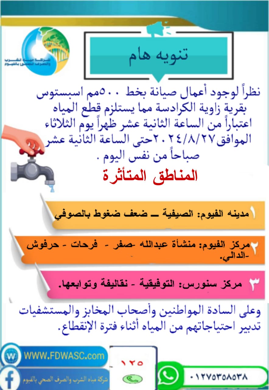 غدا ...قطع مياه الشرب عن بعض قرى الفيوم لمدة 12 ساعه نظرًا لأعمال الصيانة