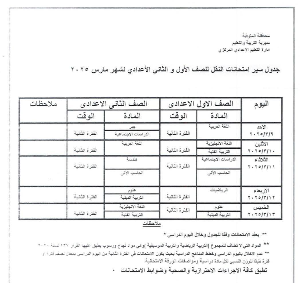 جدول امتحانات شهر مارس 2025 لطلاب النقل