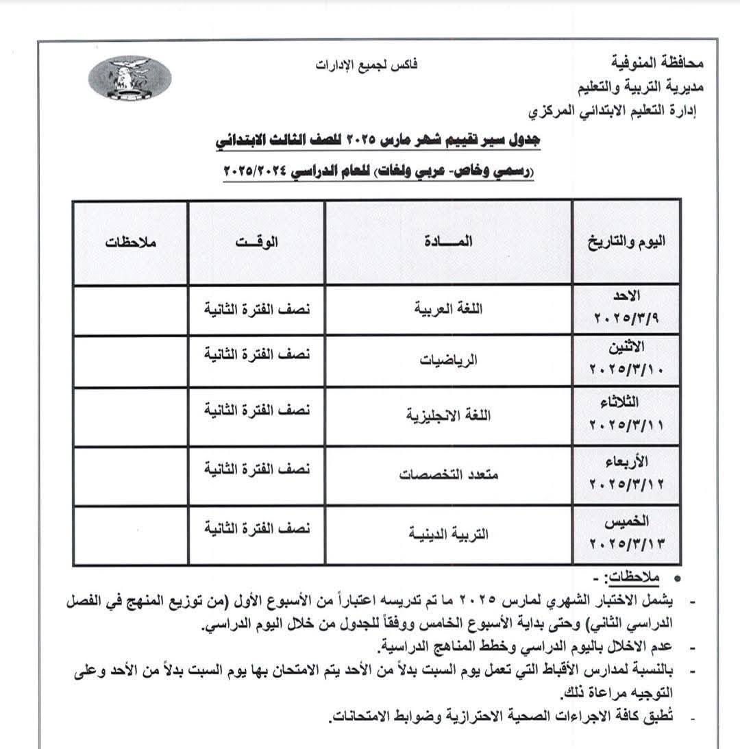 جدول امتحانات شهر مارس 2025 لطلاب النقل
