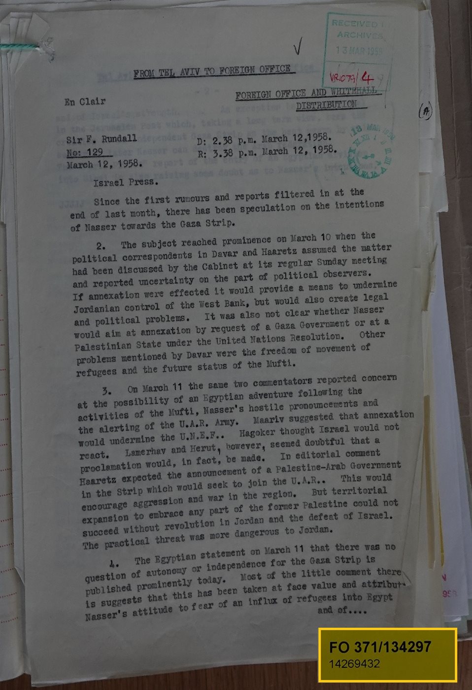 وثيقة عن ردود الفعل الإسرائيلية على تحركات ناصر