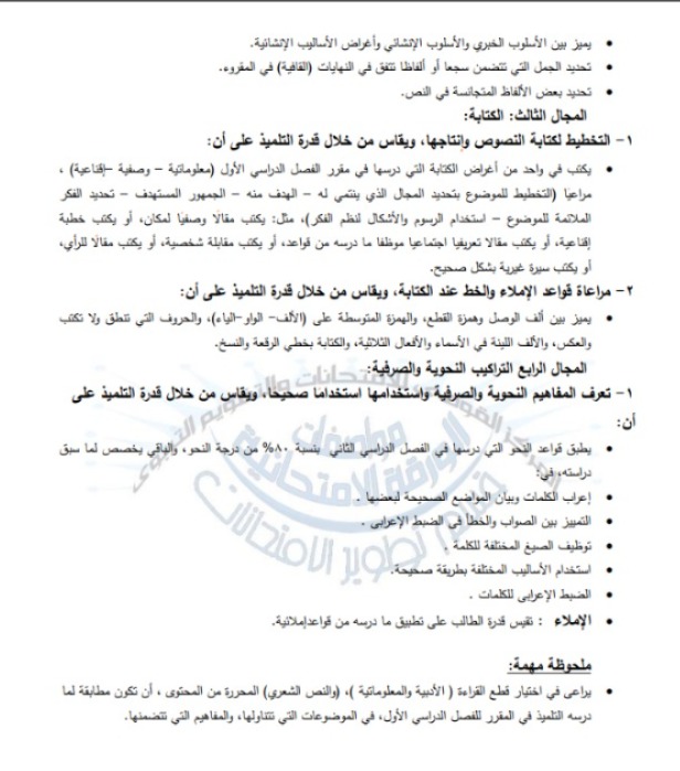 مواصفات امتحان اللغة العربية لـ طلاب الإعدادية الترم الثاني