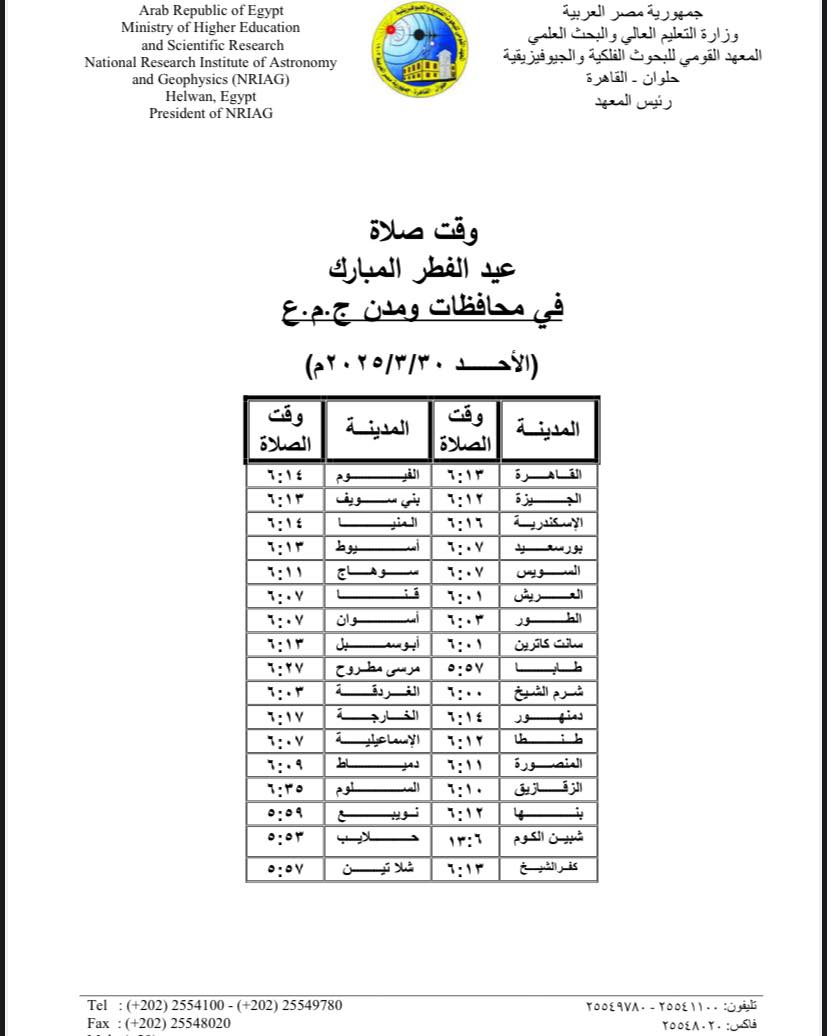 مواعيد صلاة عيد الفطر 2025 في القاهرة والمحافظات