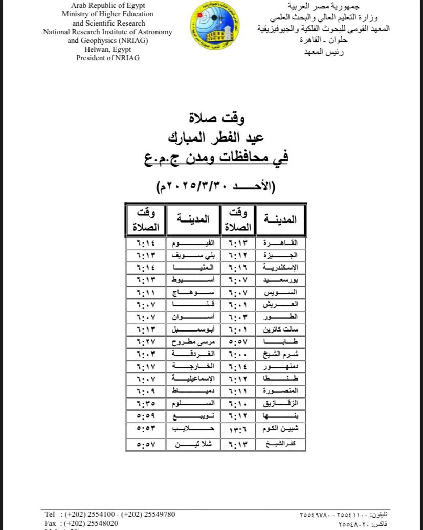 مواعيد صلاة عيد الفطر 2025