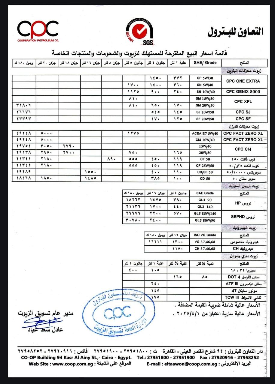 أسعار زيوت التعاون للبترول<br>