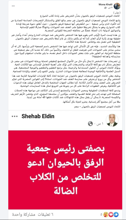 منشور تضمن البيان على صفحة الإعلامية الإعلامية منى خليل
