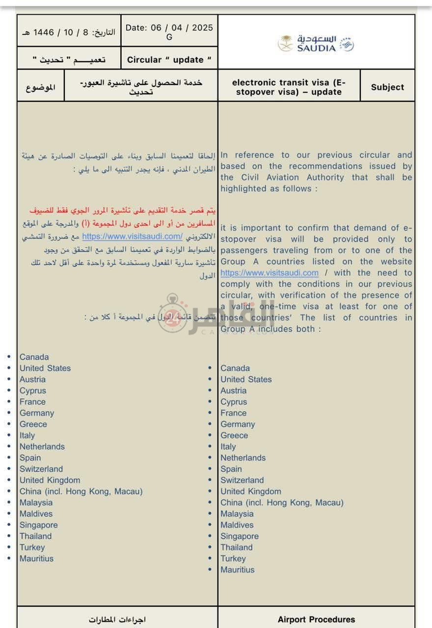 السعودية تحدد الدول المسموح لها بالتقديم على تأشيرة المرور الجوى