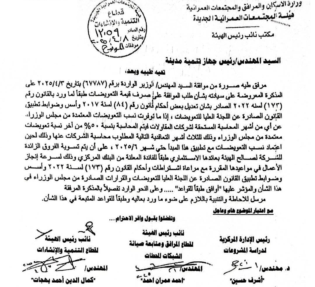 الإسكان توافق على صرف 50% من قيمة تعويضات شركات المقاولات حسب النسب المعتمدة من مجلس الوزراء