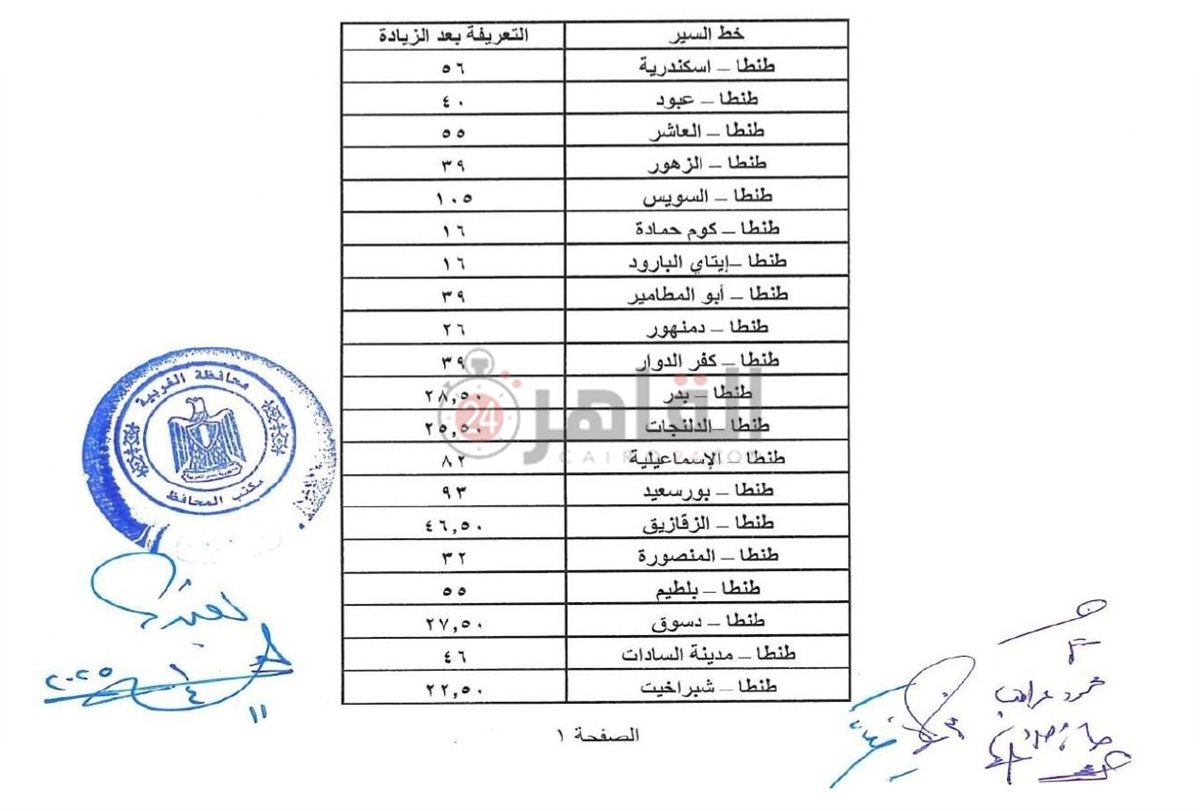 تعريفة الركوب الجديدة لمحافظة الغربية
