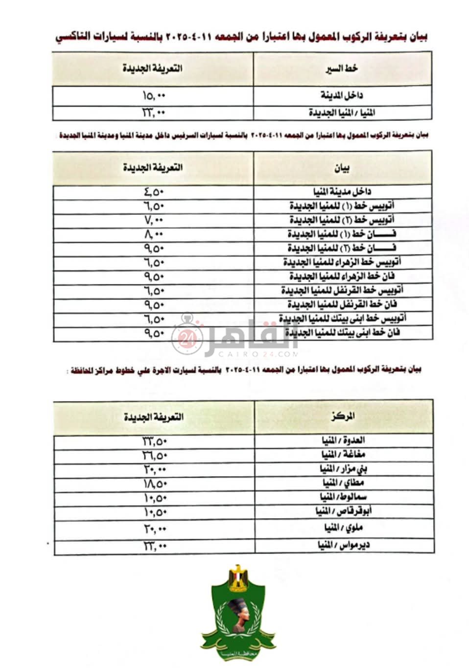 التعريفة الجديدة بالمنيا