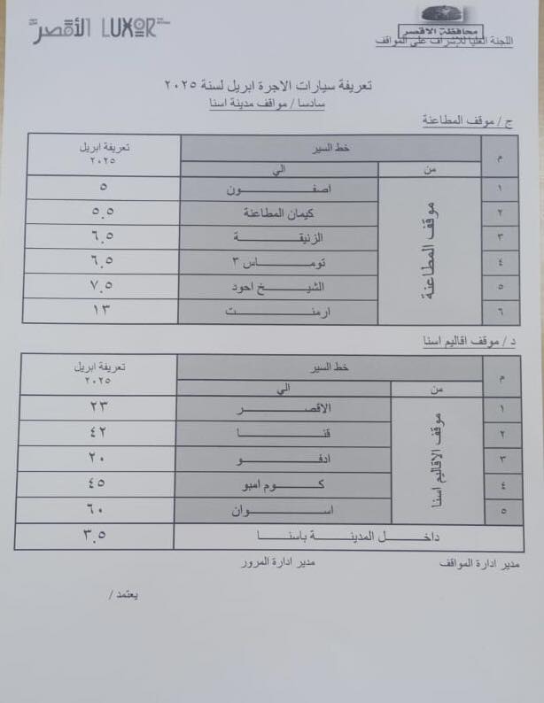 تعريفة المواصلات الجديدة في محافظة الأقصر