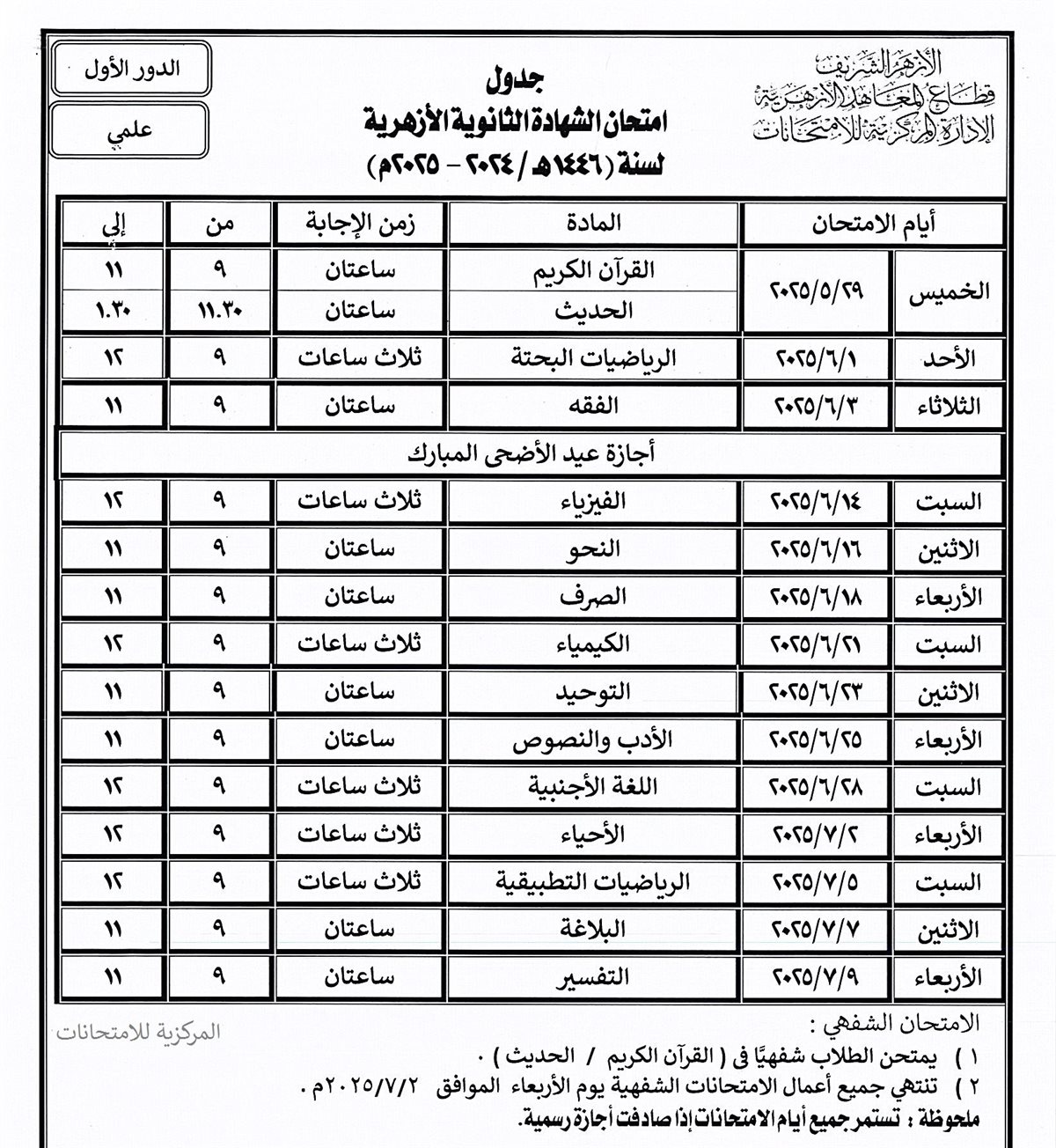  امتحانات الثانوية الأزهرية 2025 لـ طلاب علمي