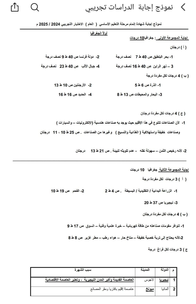 إجابة امتحان البوكليت في مادة الدراسات الاجتماعية لطلاب الشهادة الإعدادية