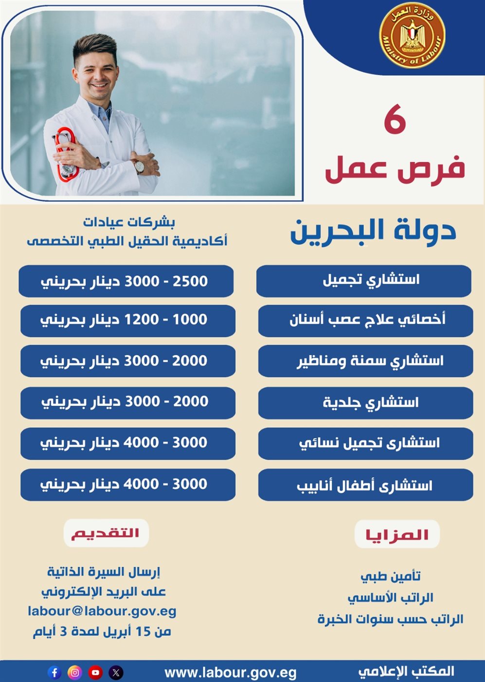 وزير العمل يُعلن عن فرص عمل لأطباء مصريين للعمل في البحرين
