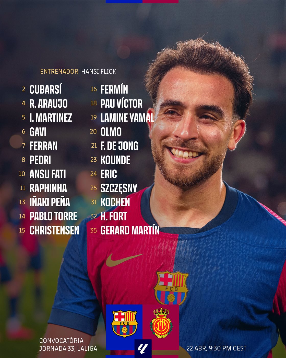 قائمة برشلونة لـ مباراة ريال مايوركا بالدوري الإسباني