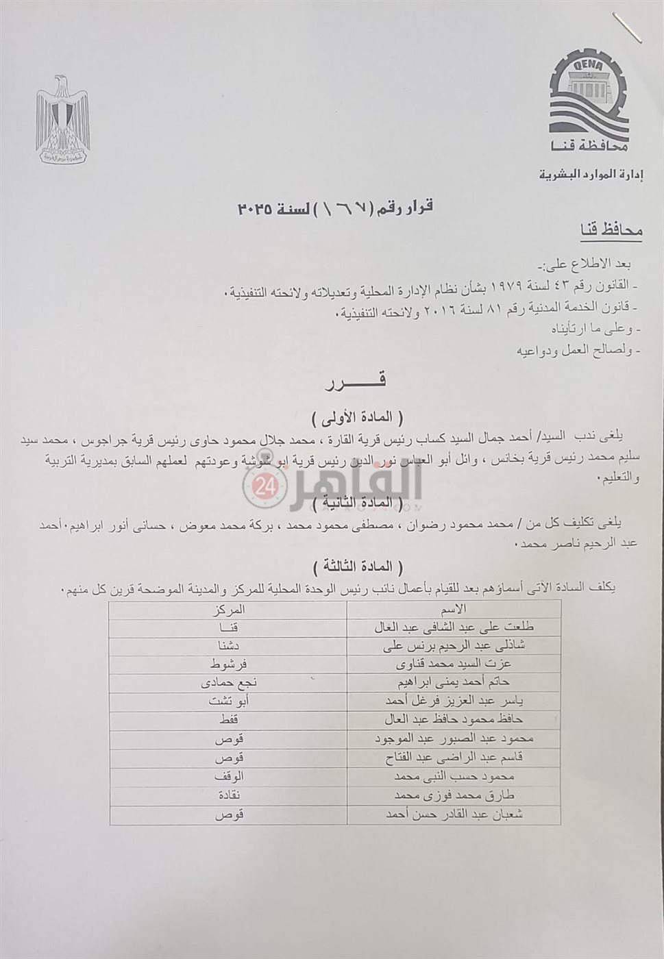 محافظ قنا يعتمد حركة محليات كبرى لرؤساء المدن والقرى