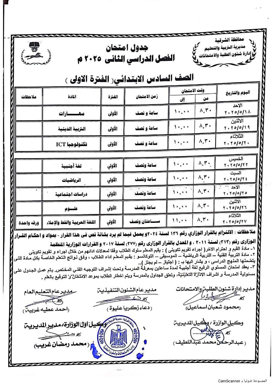 جدول امتحانات الصف السادس الابتدائي الترم الثاني 2025
