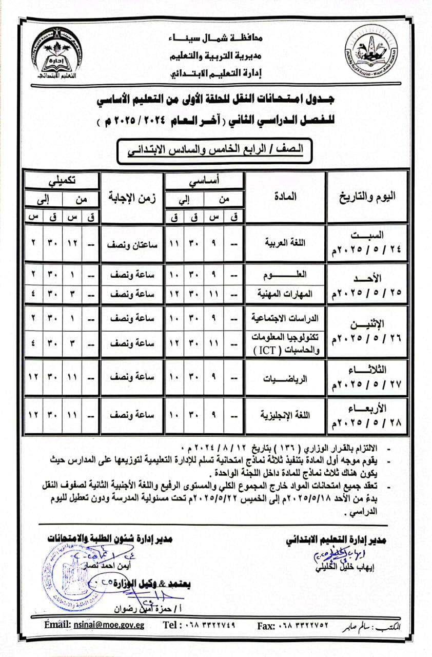 جدول امتحانات الصف السادس الابتدائي الترم الثاني 2025