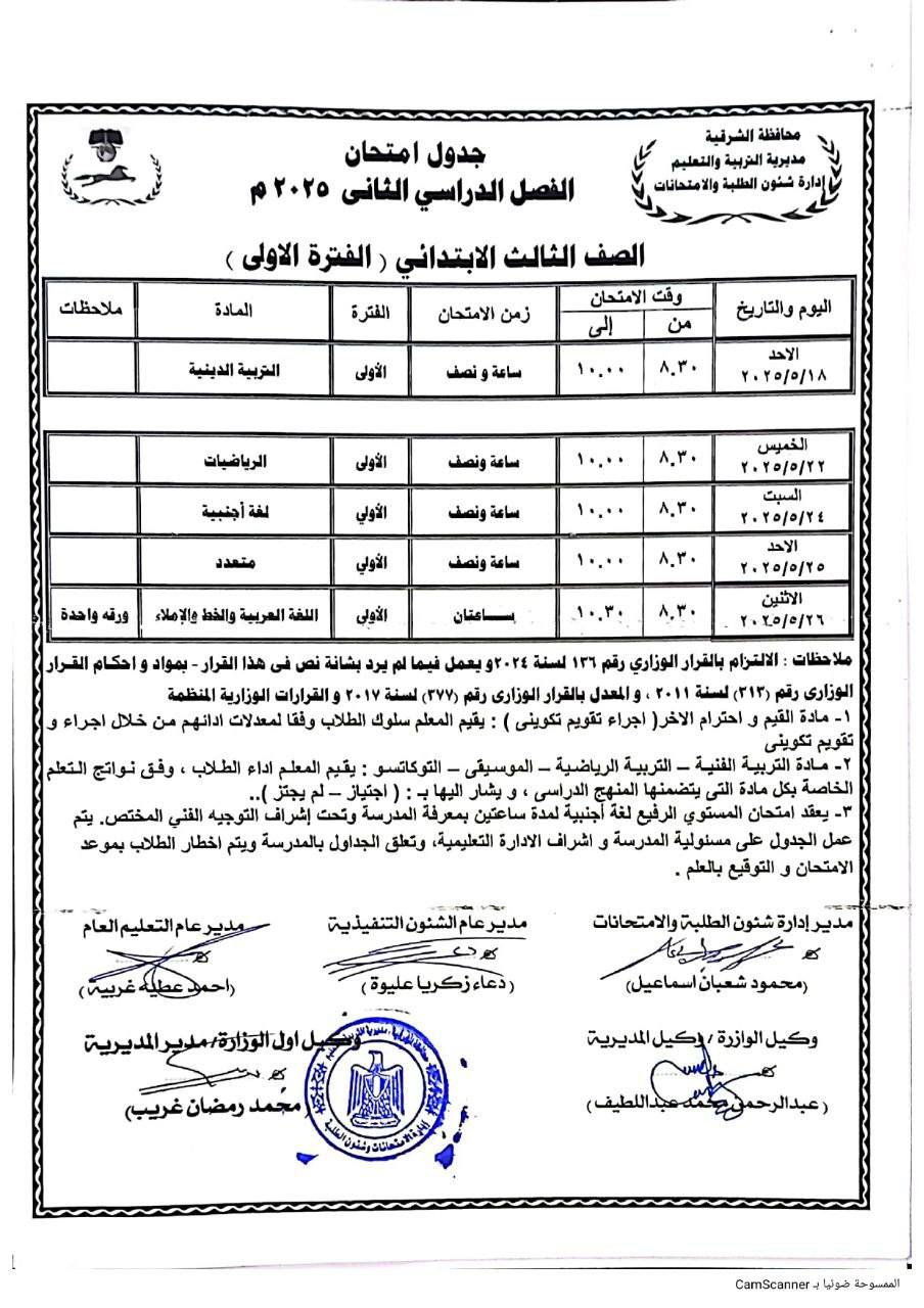 مواعيد امتحانات الصف الثالث الابتدائي الترم الثاني 2025 محافظة الشرقية
