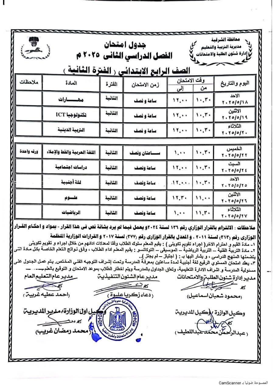 مواعيد امتحانات الصف الرابع الابتدائي الترم الثاني 2025 محافظة الشرقية