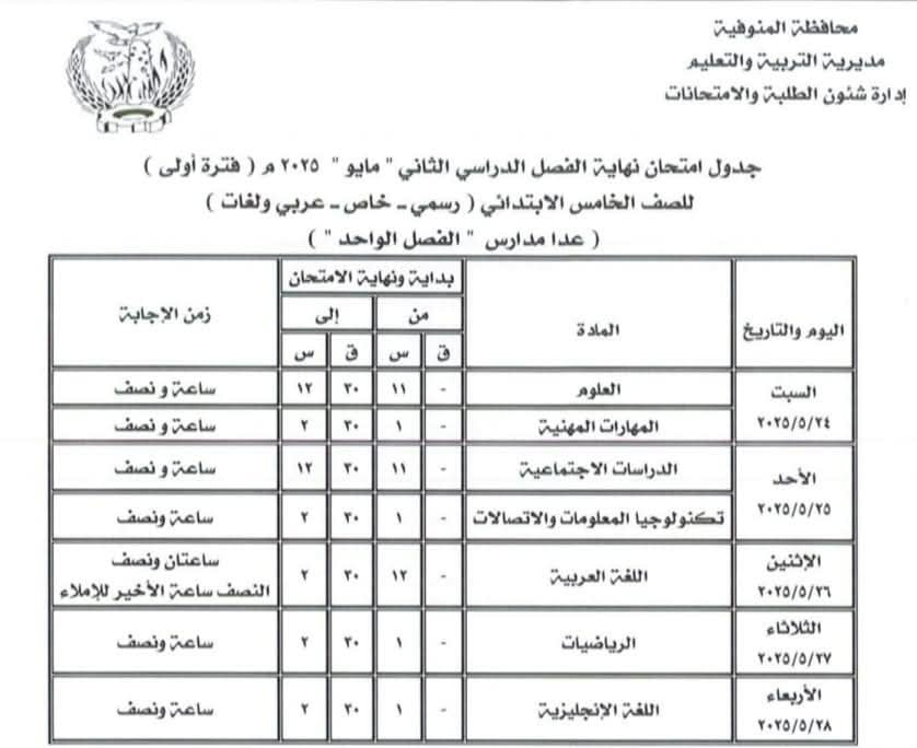 جدول امتحانات الصف الخامس الابتدائي الترم الثاني 2025 محافظة المنوفية