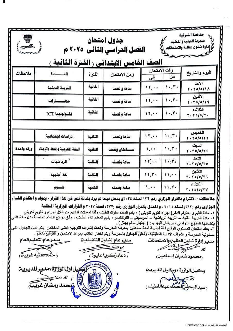 مواعيد امتحانات الصف الخامس الابتدائي الترم الثاني 2025