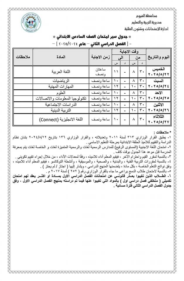 ننشر جدول امتحانات الصف السادس الابتدائي الترم الثاني 2025 بمحافظة الفيوم