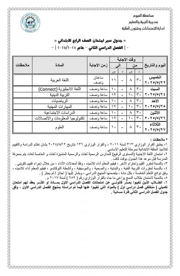 جدول امتحانات الصف الرابع الابتدائي