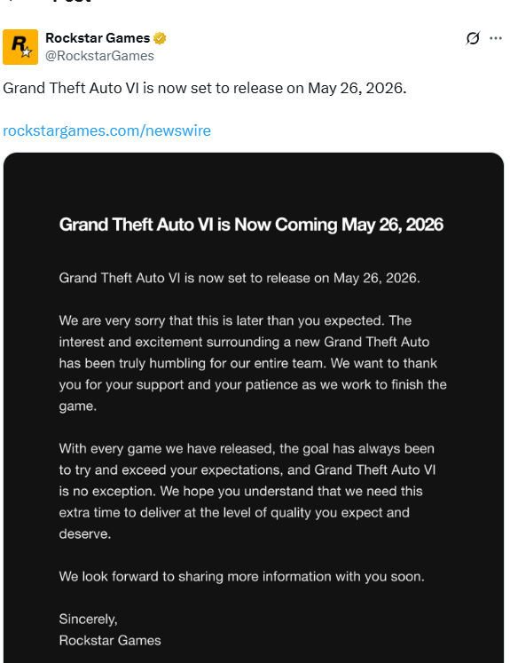 تأجيل طرح لعبة GTA 6