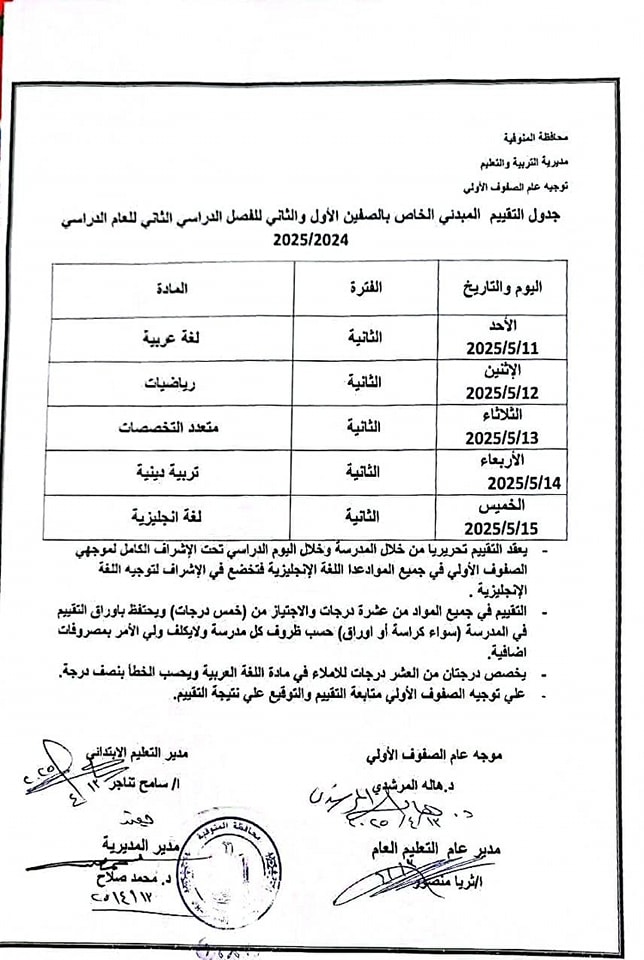 جداول تقييمات الترم الثاني 2025 المبدئية والنهائية لتلاميذ الصفين الأول والثاني الابتدائي