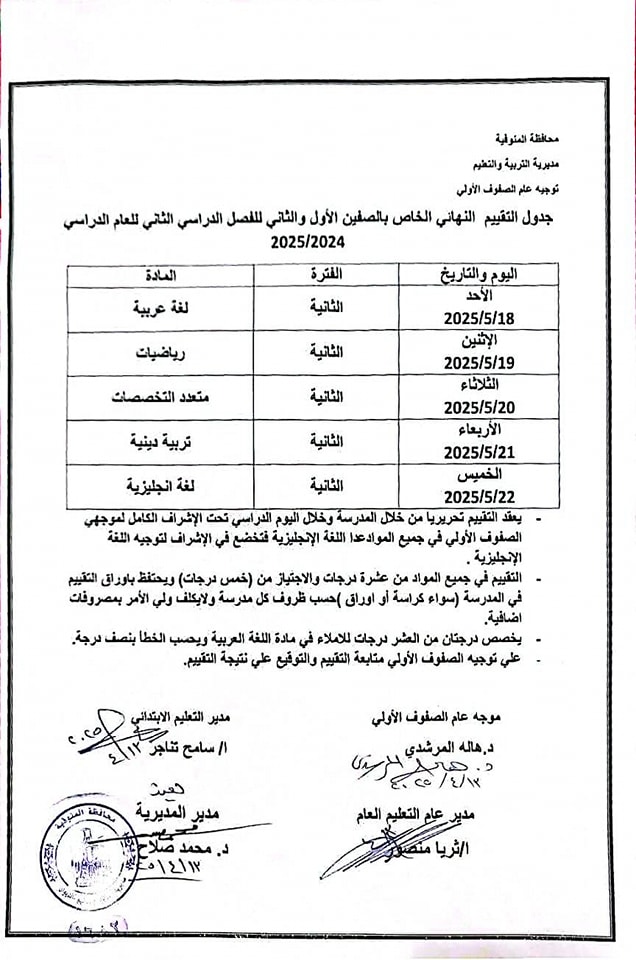 جداول تقييمات الترم الثاني 2025 المبدئية والنهائية لتلاميذ الصفين الأول والثاني الابتدائي
