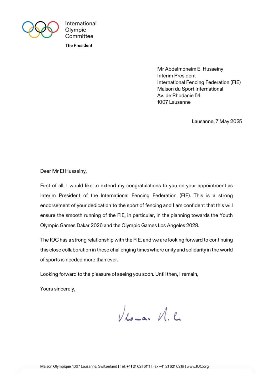 رئيس اللجنة الأولمبية الدولية يهنئ عبد المنعم الحسيني برئاسة الاتحاد الدولي للسلاح