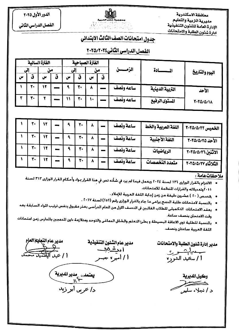 موعد امتحانات الترم الثاني الصف الثالث الابتدائي