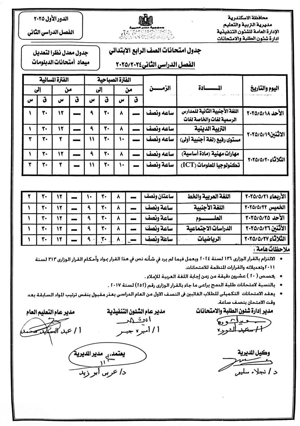 مواعيد امتحانات الترم الثاني الصف الرابع الابتدائي