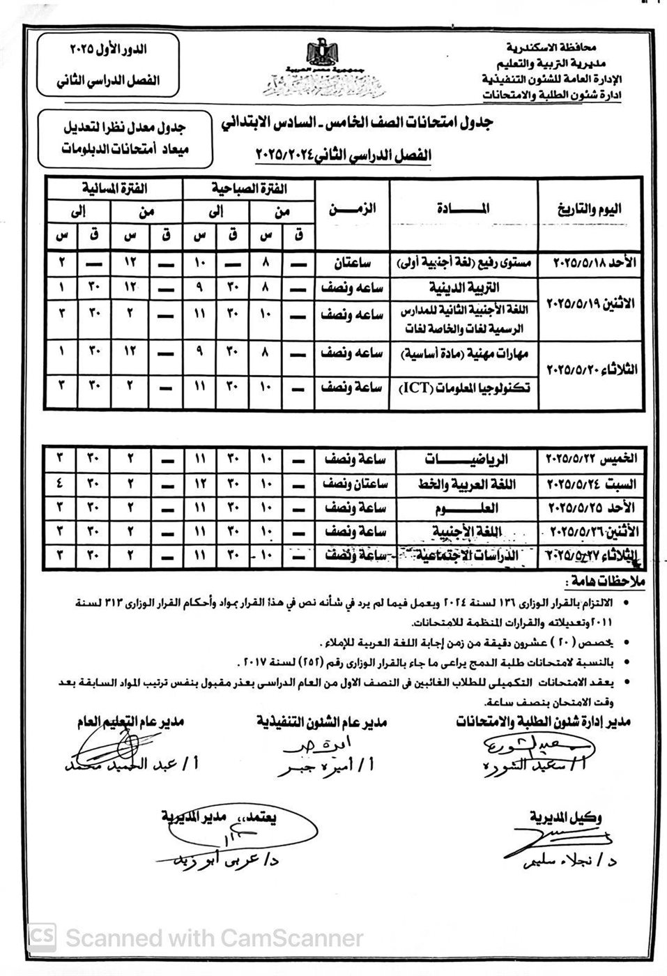 موعد امتحانات الترم الثاني الصف الخامس الابتدائي