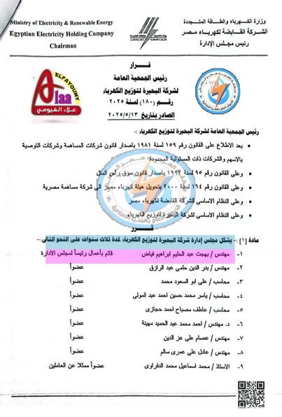 حركة تغييرات مجالس إدارات شركات توزيع الكهرباء 