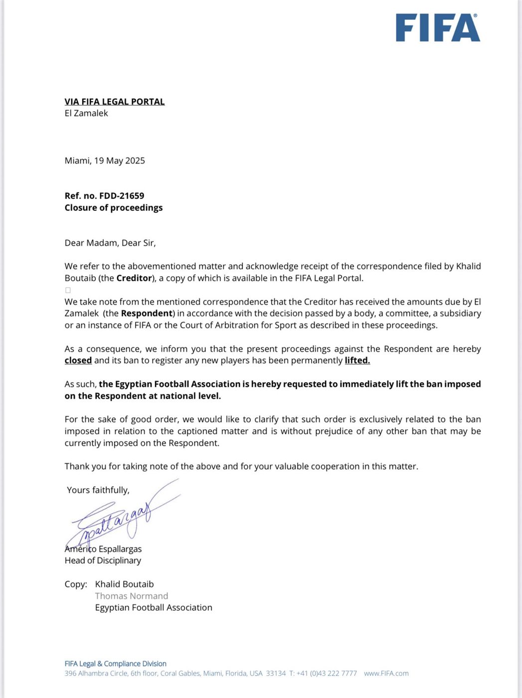 إخطار رفع قيد الزمالك