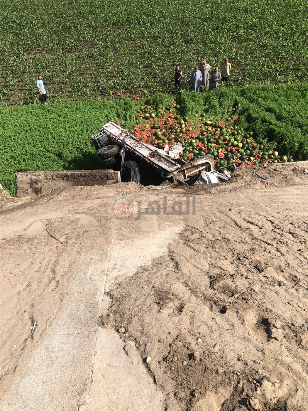 انقلاب سيارة نقل محملة بالبطيخ من على الطريق الإقليمي بالمنوفية 