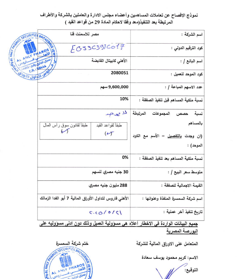 الأهلي كابيتال تبيع كامل حصتها في مصر للأسمنت - قنا