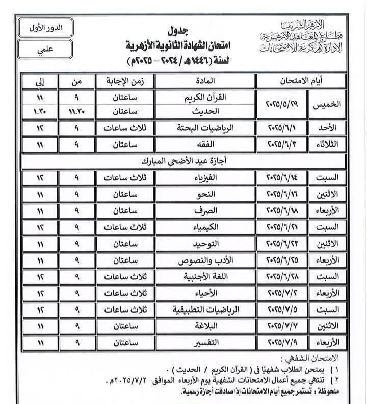 تنطلق بعد أيام.. جدول امتحانات الشهادة الثانوية الأزهرية