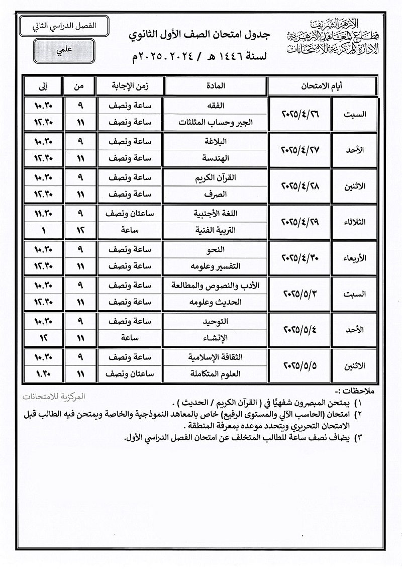 امتحانات ة الصف الأول الثانوي الأزهري