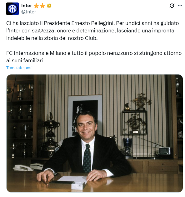 وفاة  إرنستو بيليجريني رئيس إنتر ميلان السابق