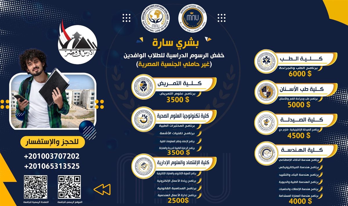 مصروفات جامعة المنصورة الأهلية للطلاب الوافدين&nbsp;