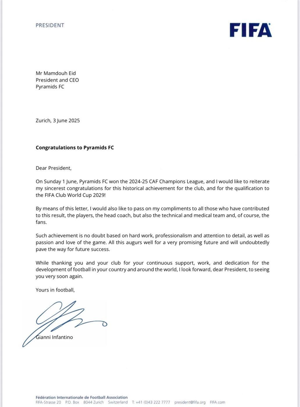 <strong>تهنئة فيفا لـ بيراميدز </strong>