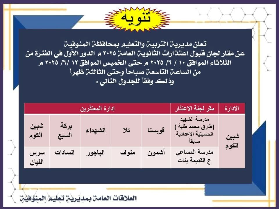 مواعيد اعتذارات مراقبة الثانوية العامة في المنوفية 