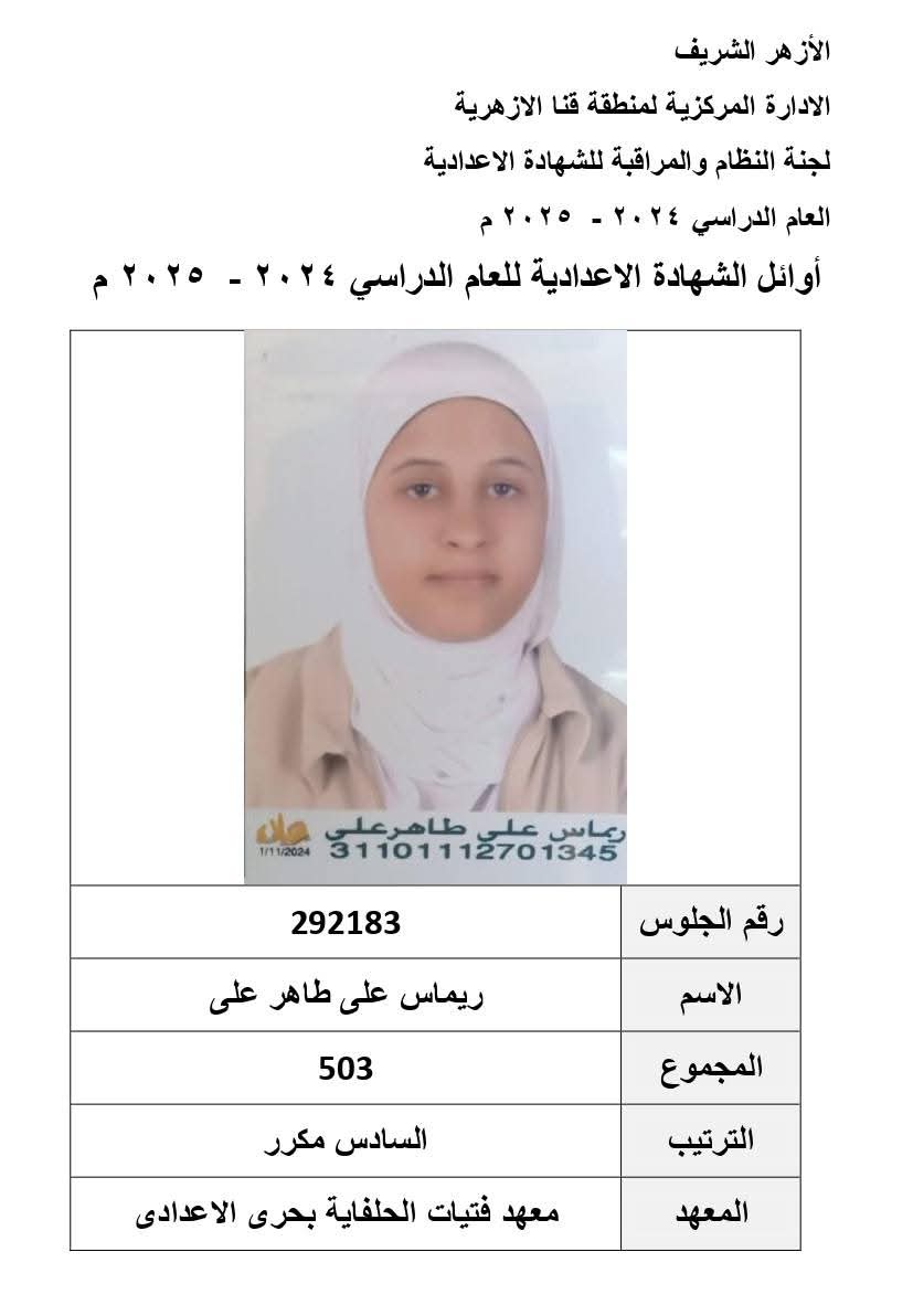 أسماء أوائل الشهادة الإعدادية الأزهرية في قنا