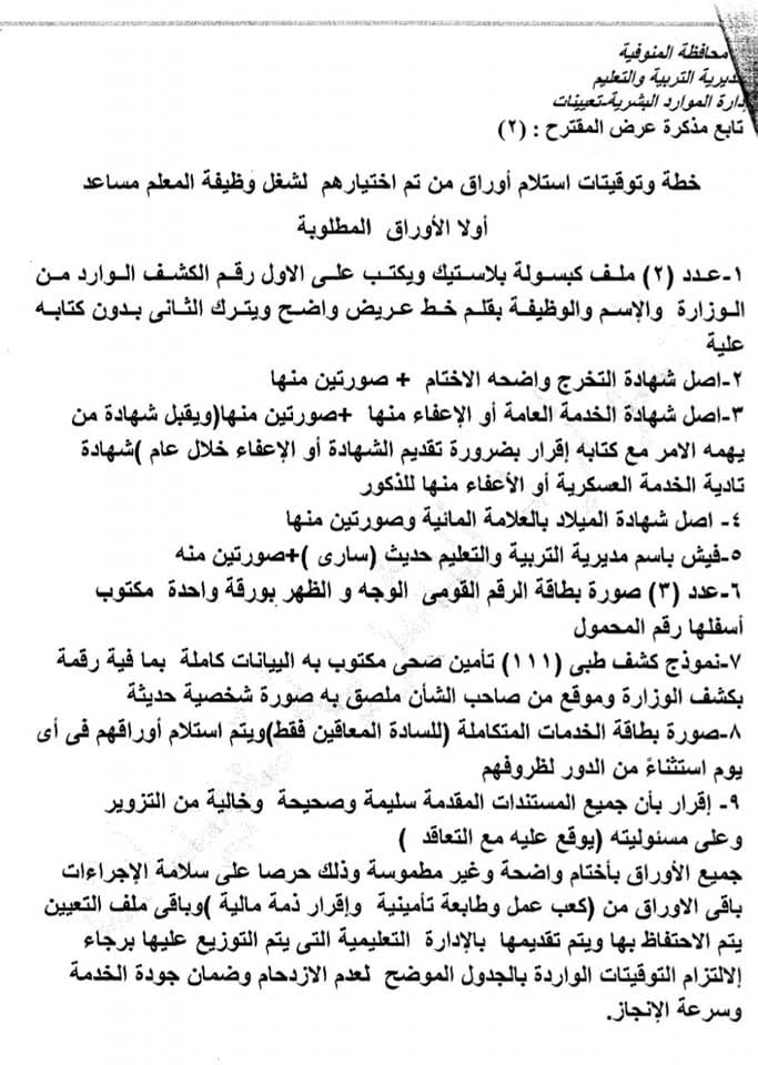 مواعيد استلام أوراق المعلمين المساعدين الجدد في المنوفية