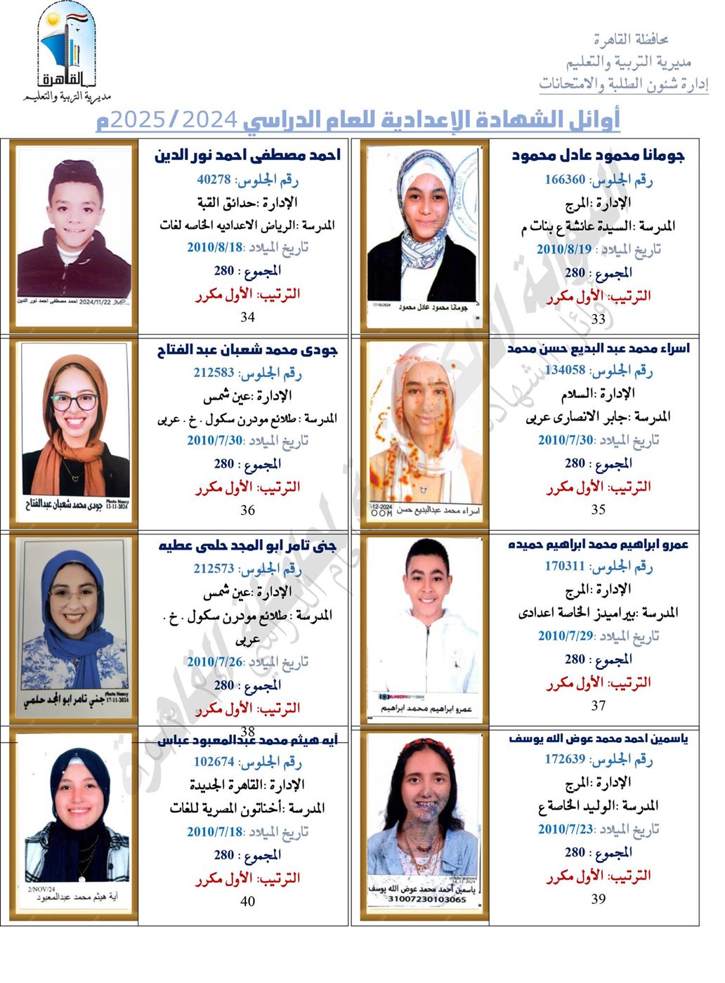 أوائل طلاب الشهادة الإعدادية 2025