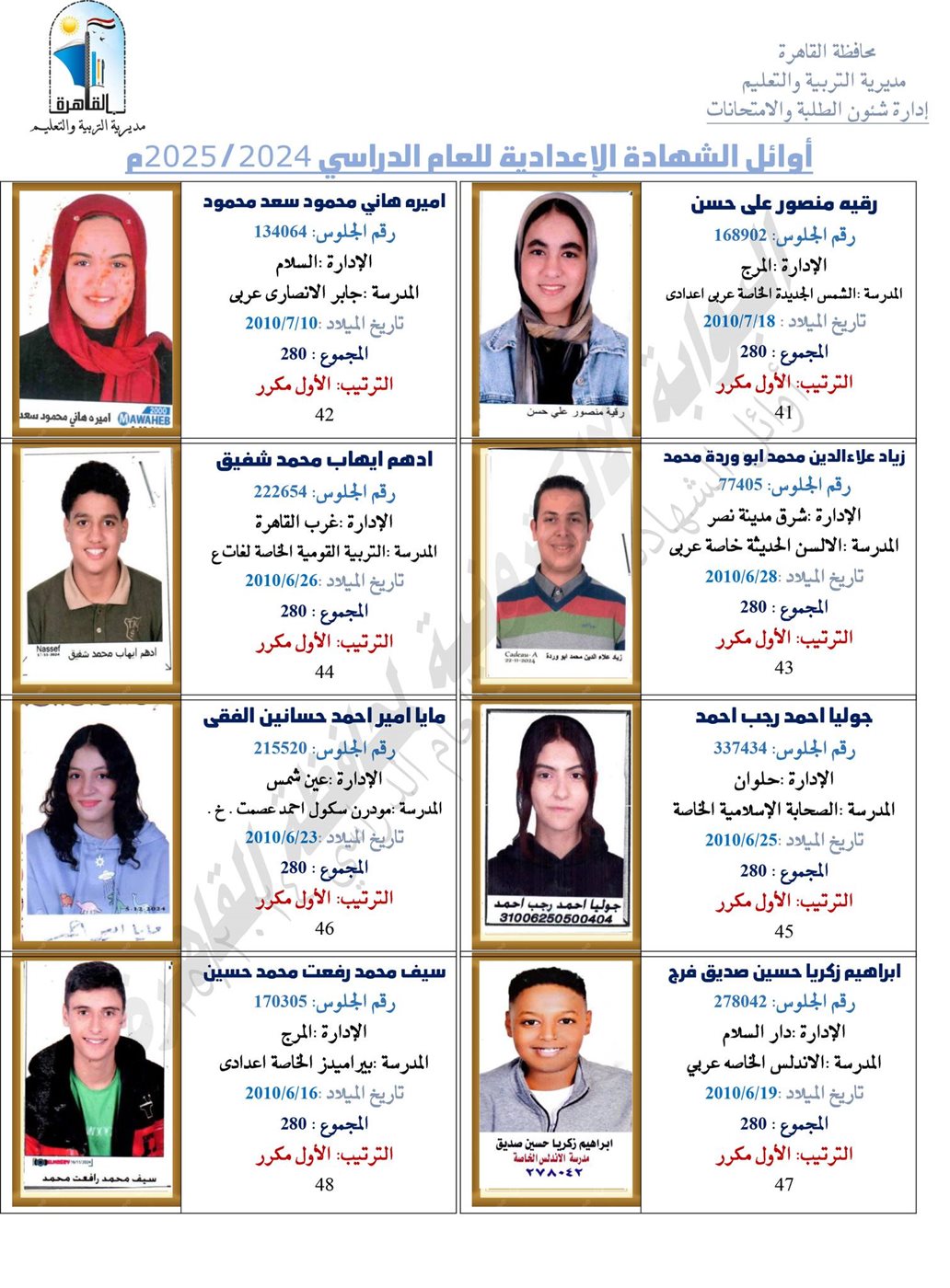 أوائل طلاب الشهادة الإعدادية 2025